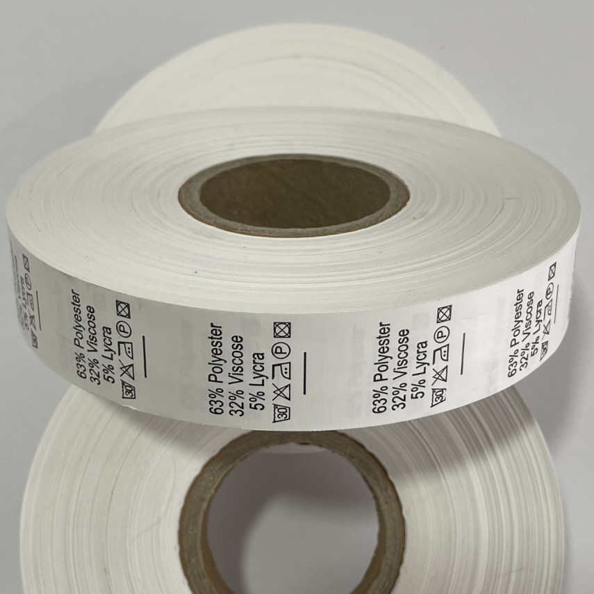 Этикетка состава 25мм (процентовка) Polyester 63% Viscose 32% Lycra 5% (100 метров) Этикетка состава 25мм (процентовка) Polyester 63% Viscose 32% Lycra 5% (100 метров)